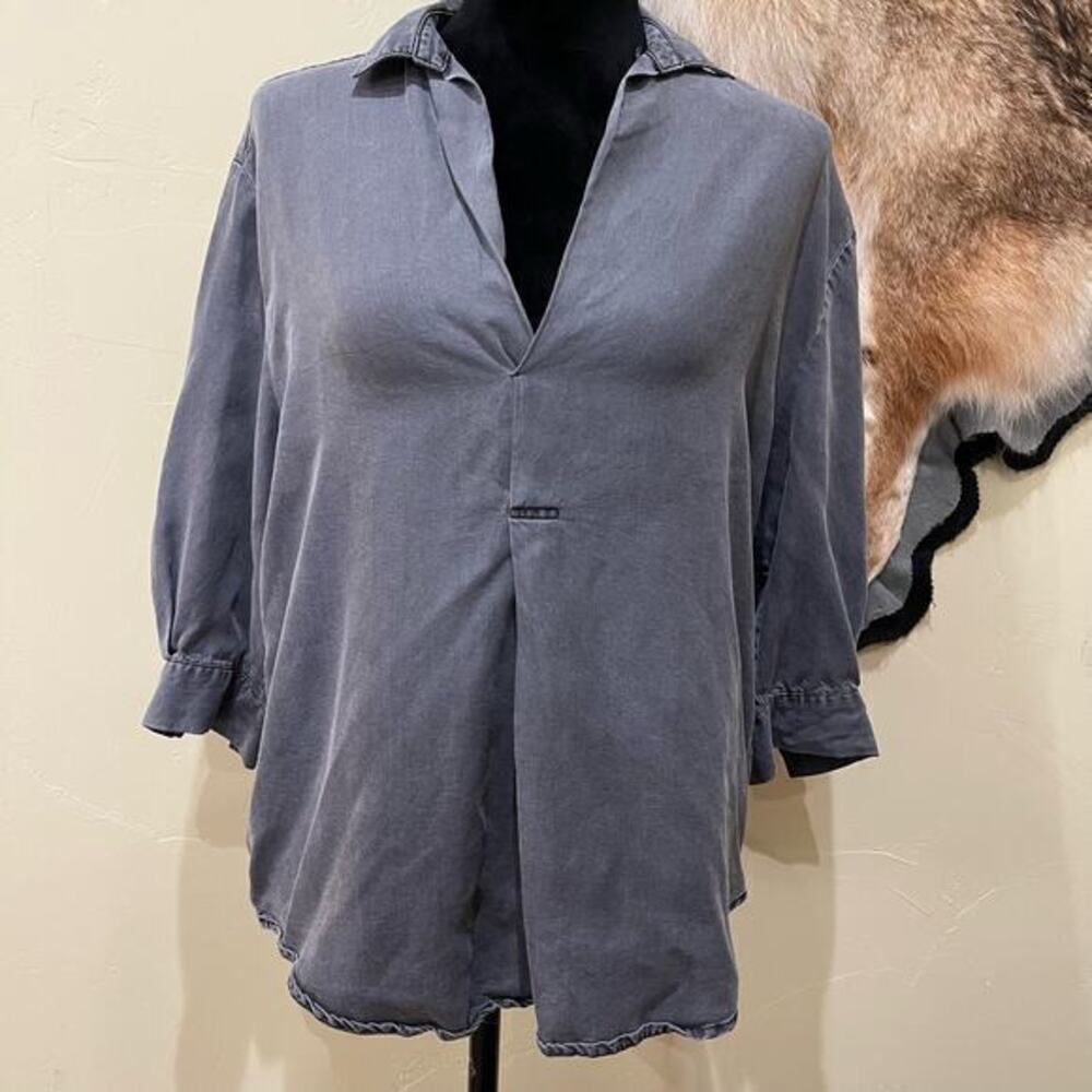 Zara Woman Small Gray Chambray Denim Tencel 3/4 Sleeve Shirt Office Professional